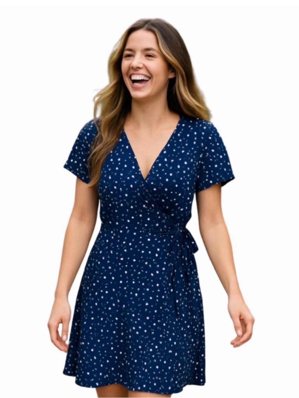 Women’s Navy Wrap Dress with White Dot Print